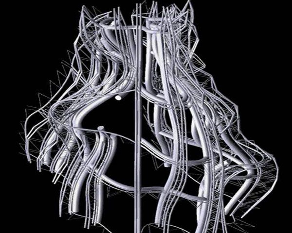 A white wire sculpture is shown on black.