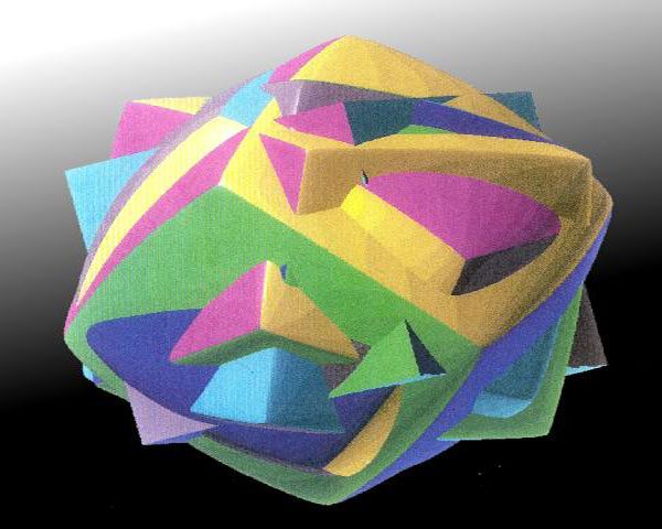 A colorful ball of paper with many shapes.